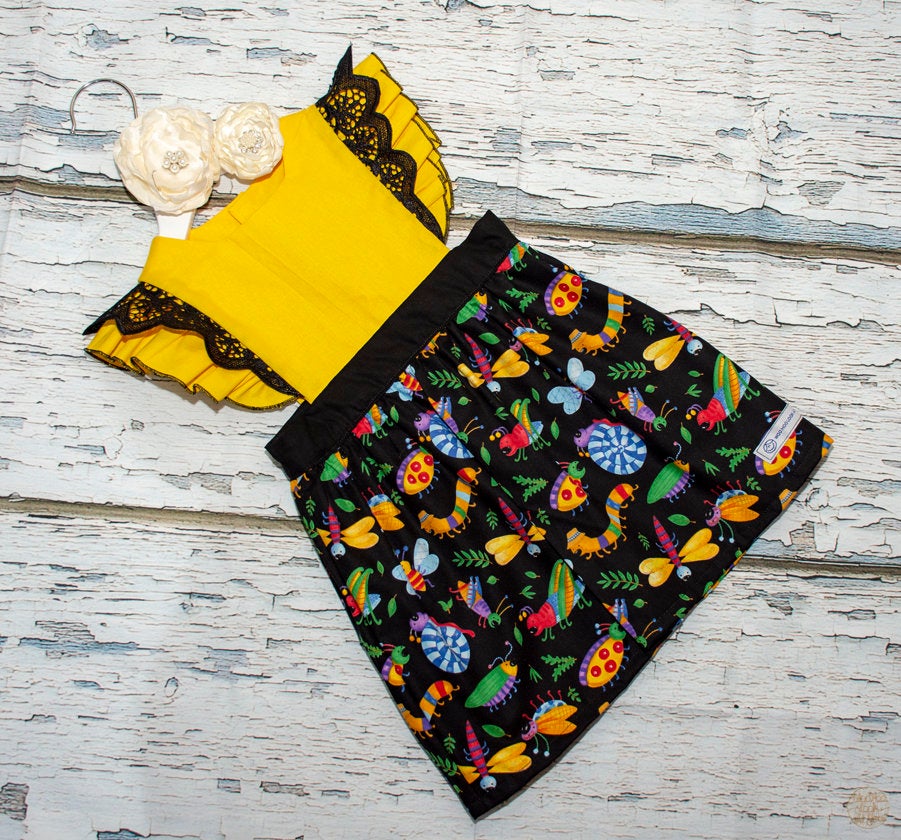 Pinafore - Emma Polly Bugs with Black Lace Flutter