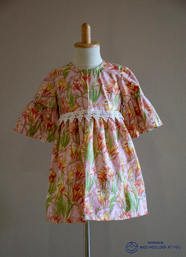 Dress - 3/4 Sleeve Floral Garden - Pink Tones,  3/4 Sleeve with Ruffle