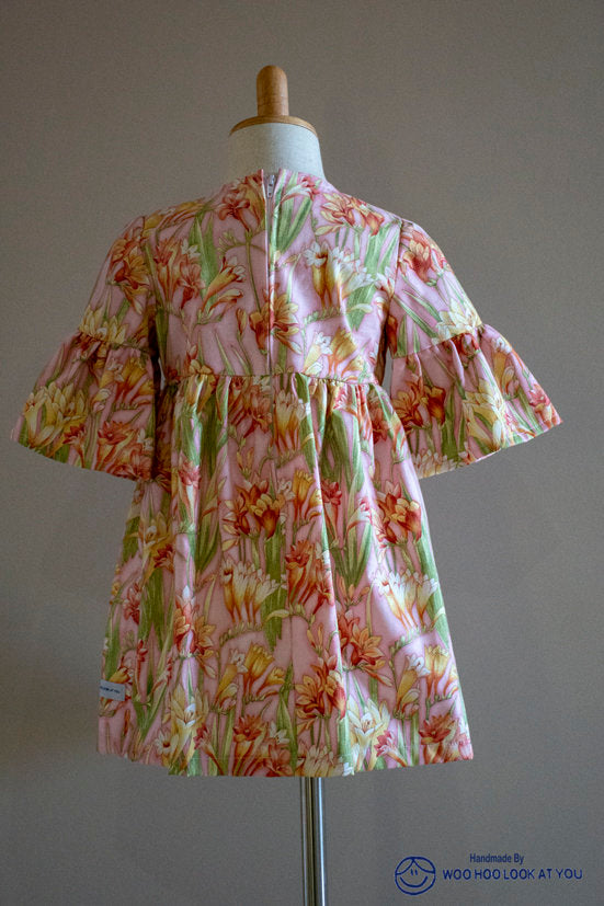 Dress - 3/4 Sleeve Floral Garden - Pink Tones,  3/4 Sleeve with Ruffle