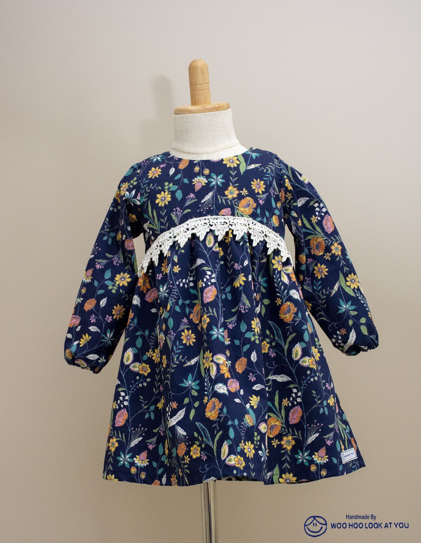 Dress - Long Sleeved Navy Gathered Flowers