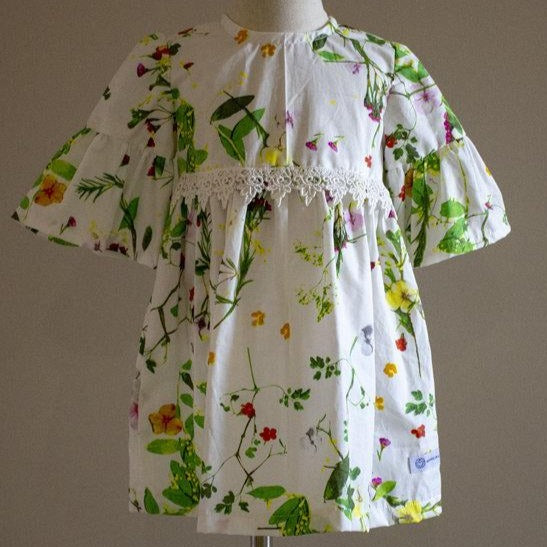 Dress - 3/4 Sleeve Floral Garden - Green Tones,  3/4 Sleeve with Ruffle