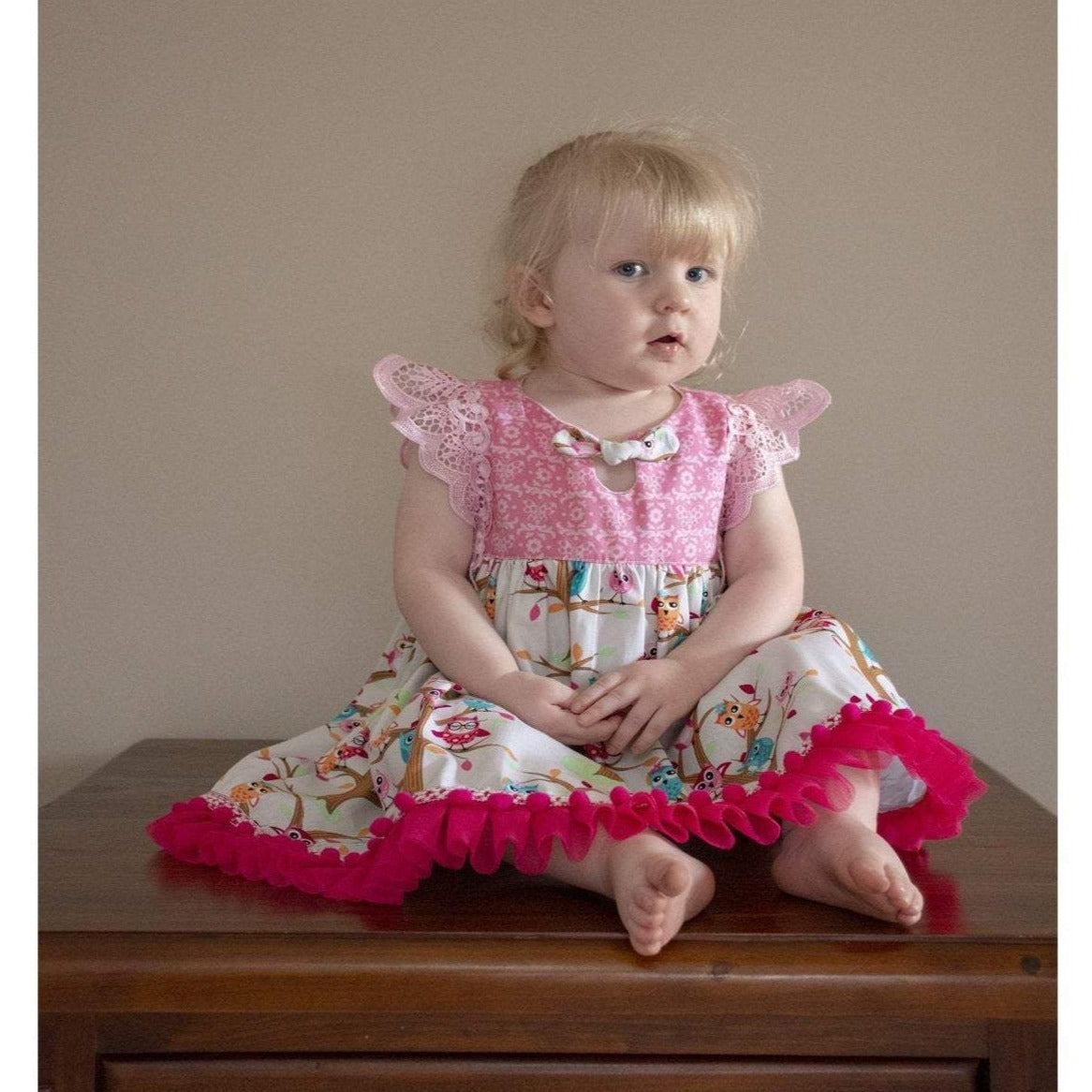 Dress - Maddie - Floral Pink Bodice, Colourful Owls on Cream, Lace & Pom Poms