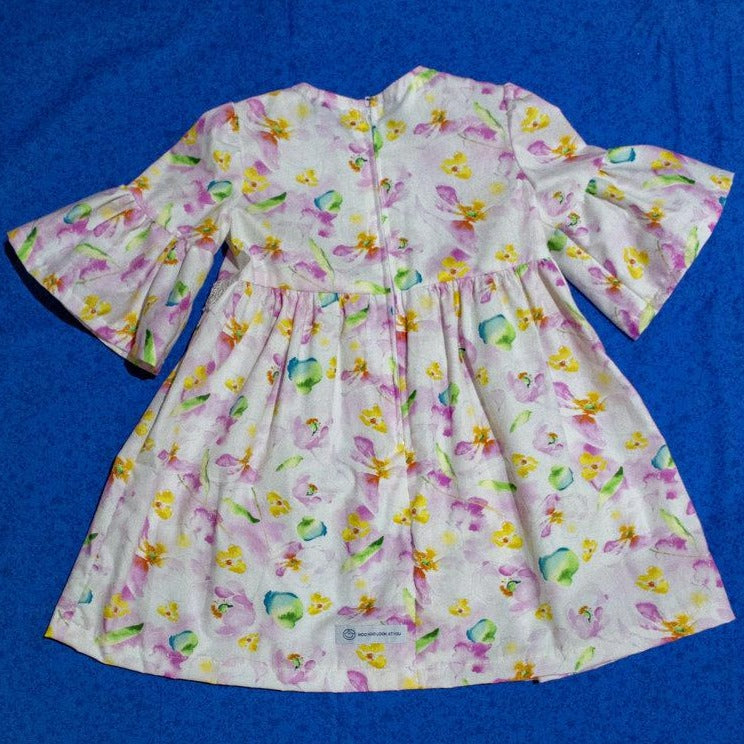 Dress - 3/4 Sleeve Floral Garden - Pink Tones,  3/4 Sleeve with Ruffle