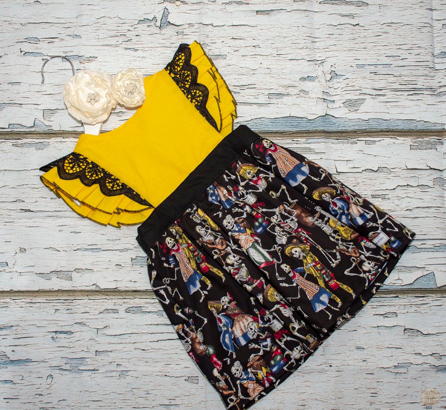 Dress - Halloween - Emma Polly Dress Skeleton Print and Black Lace Flutter