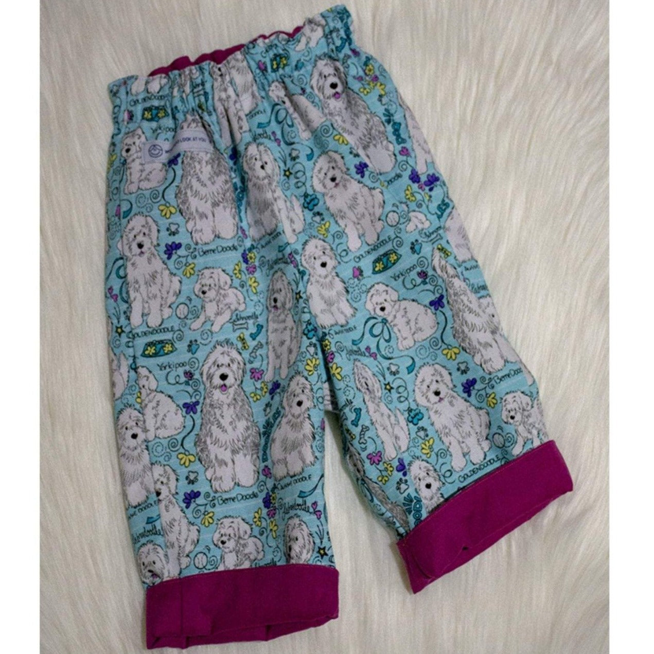 Pants - Buzoku Cotton - Lined - Scruffy White Dogs Playing on Blue with Burgundy Trim