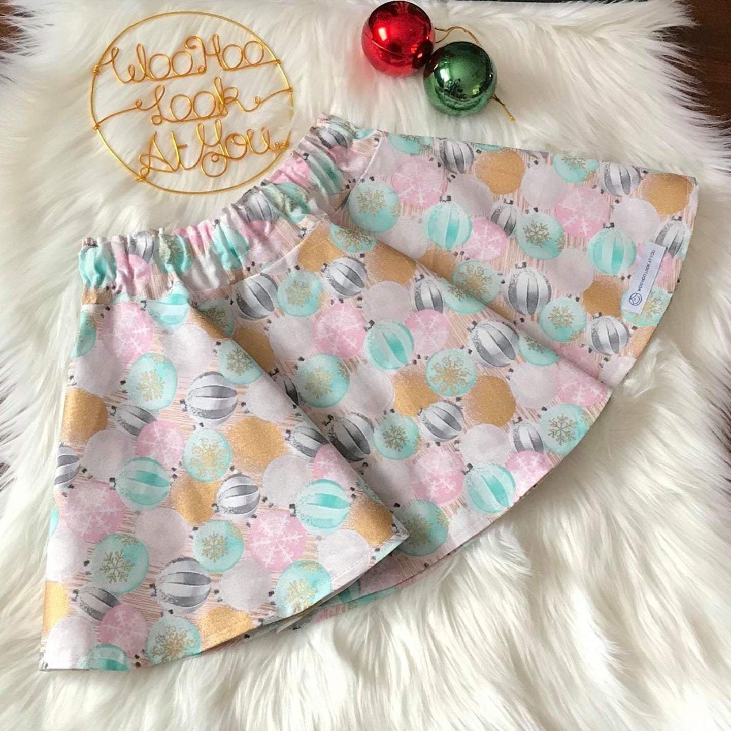 Skirt - Christmas - Elastic Waist, Pastel Christmas Baubles