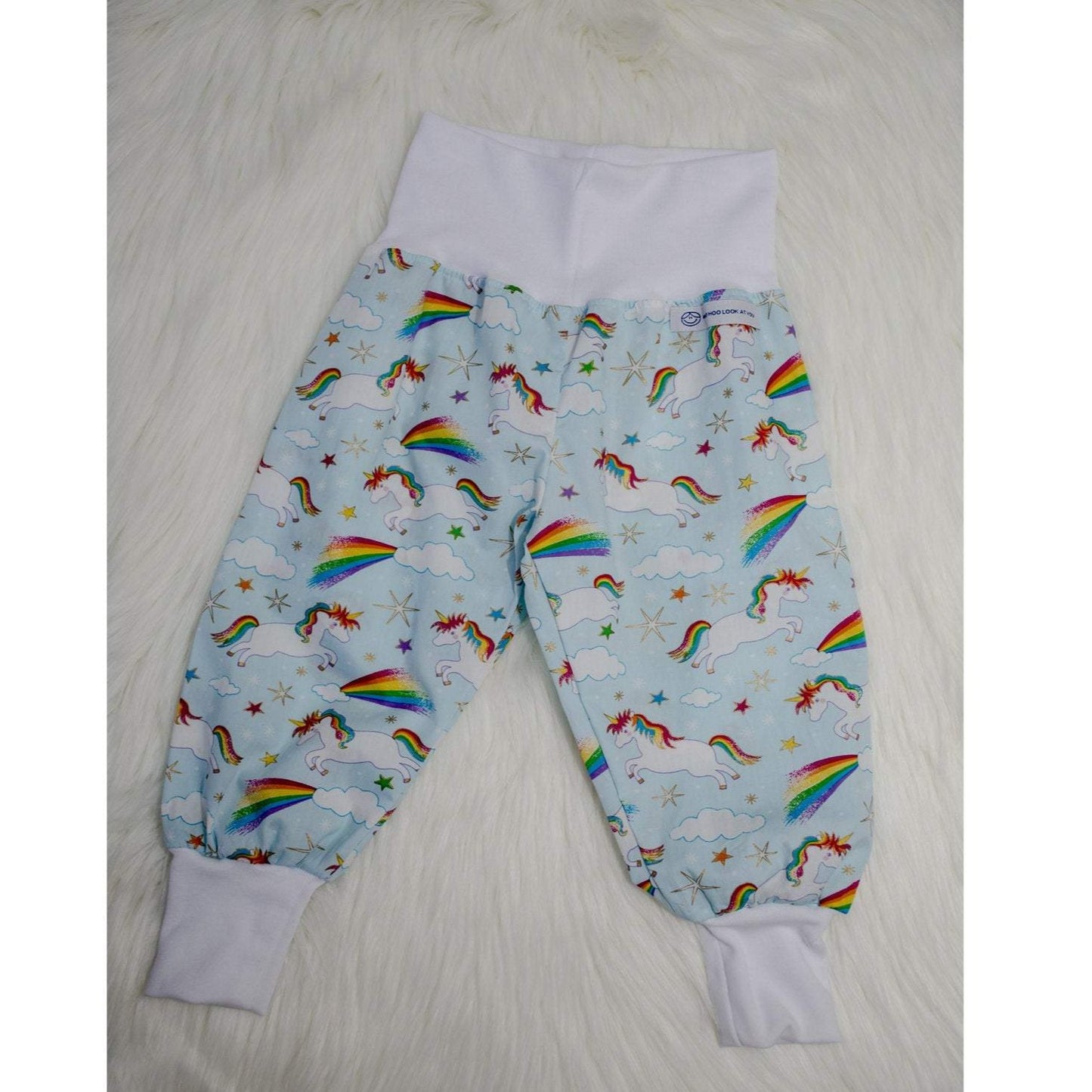 Pants - Harem - Ribbed Waist - Blue Rainbows & Unicorns with White Bands