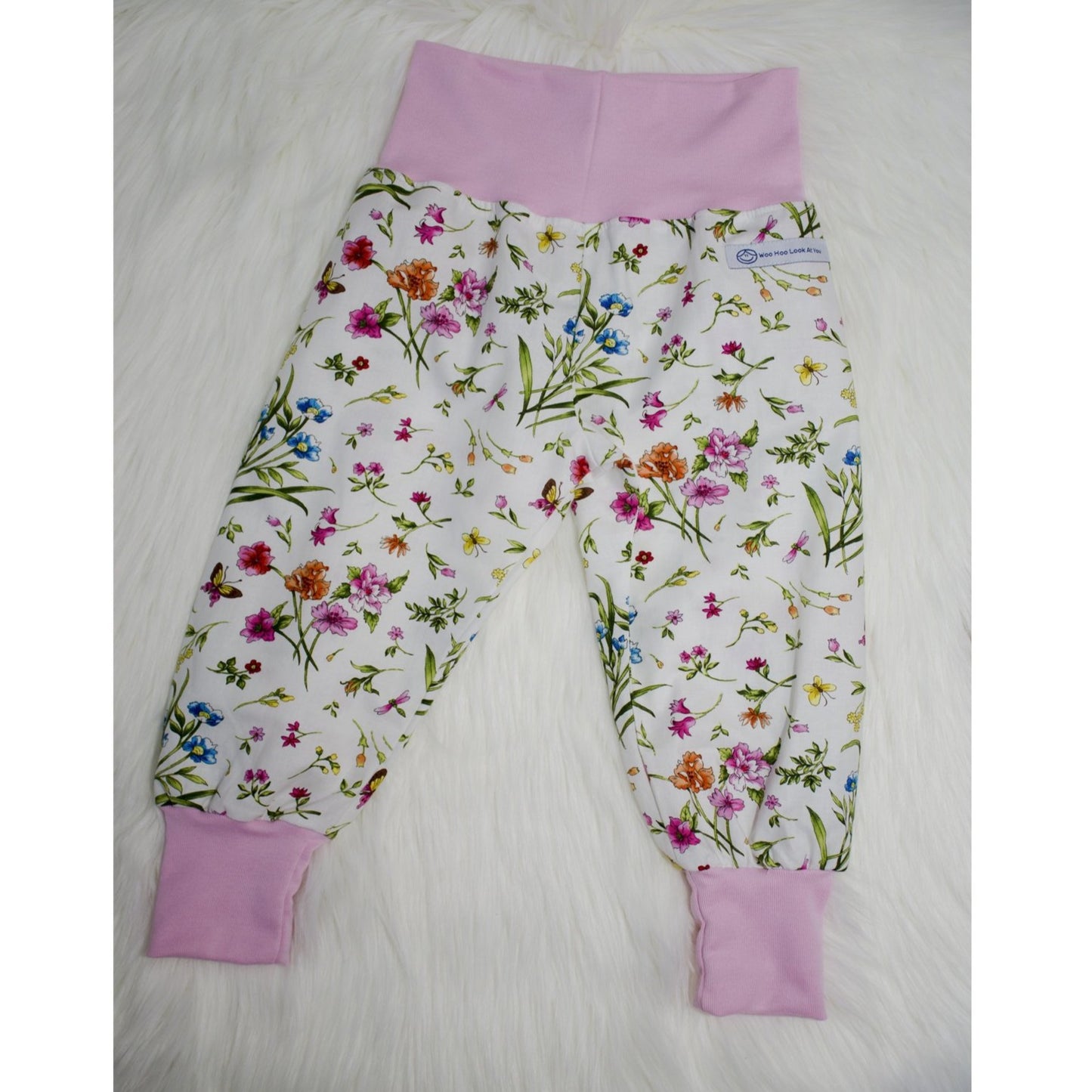 Pants - Harem - Ribbed Waist - Falling Flowers with Pink Bands