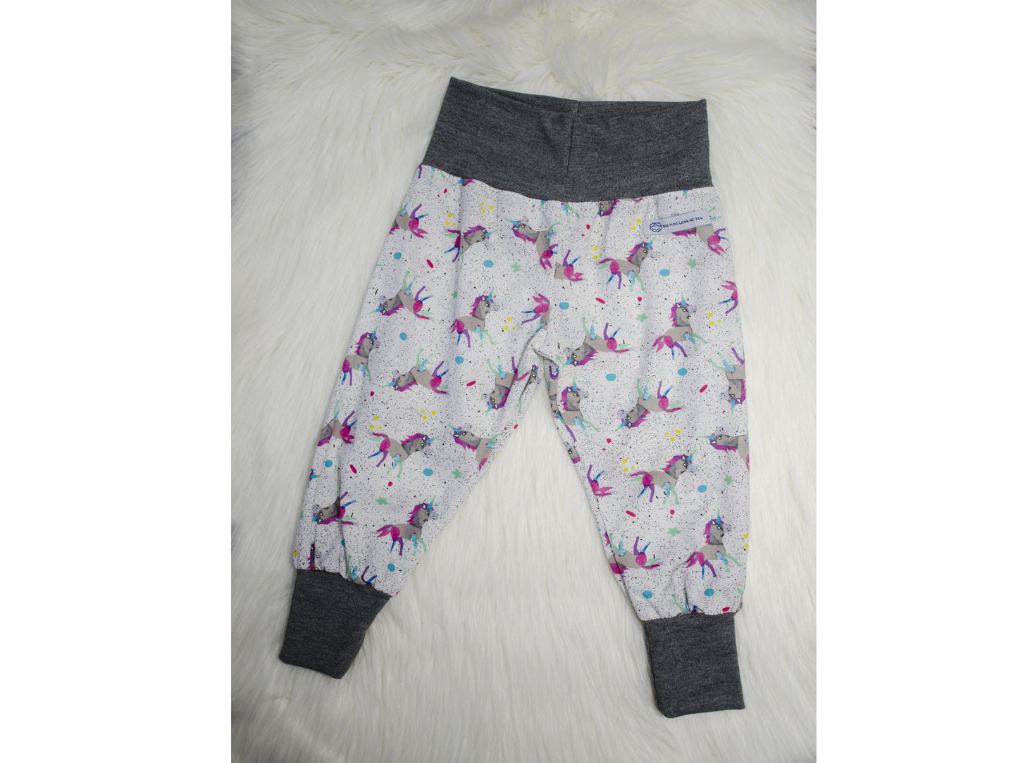 Pants - Harem - Ribbed Waist - Speckled Unicorns with Grey Bands