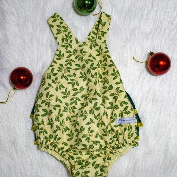Romper - Christmas - Green Holly on Lemon Background, Bottle Green & Gold Sequin Trims