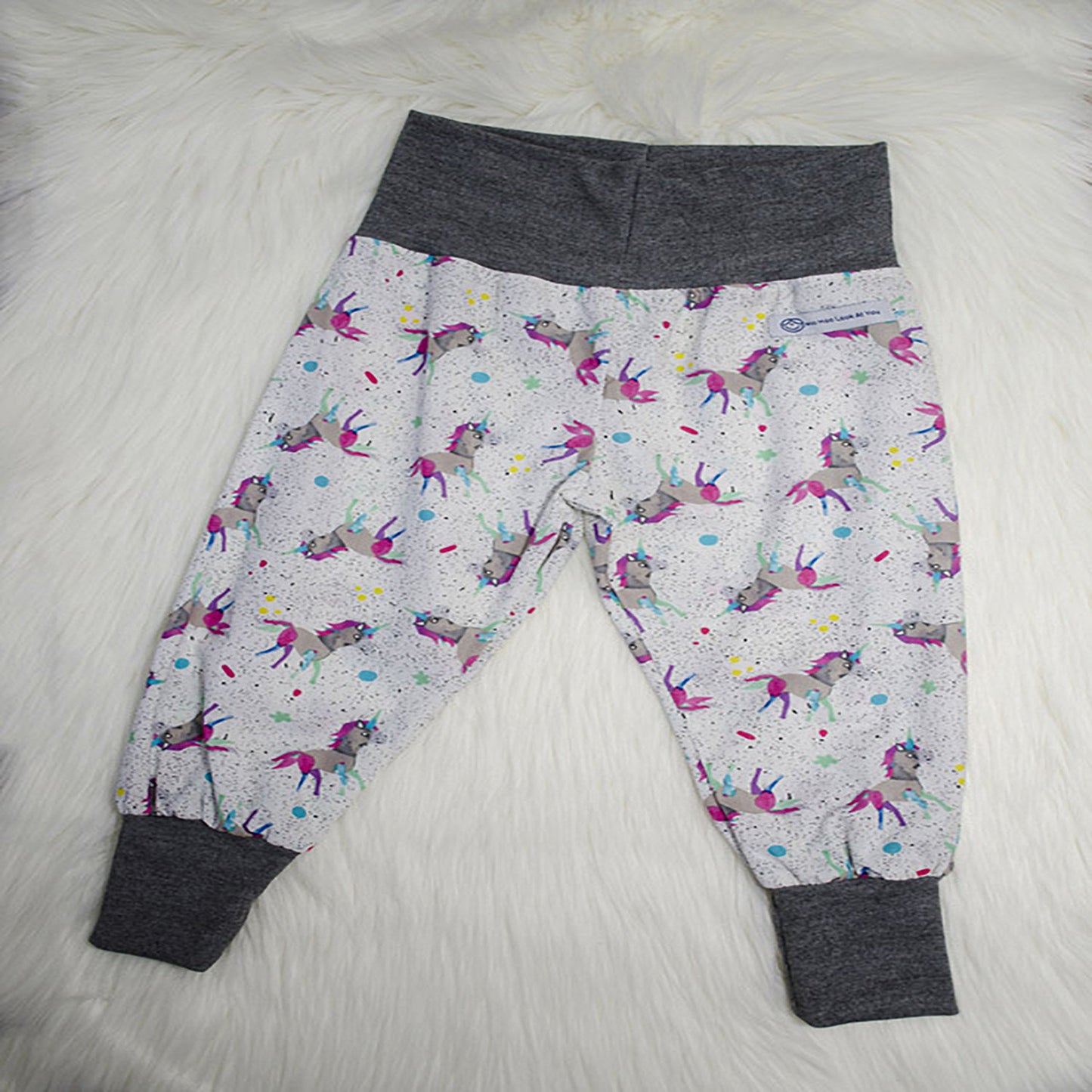 Pants - Harem - Ribbed Waist - Speckled Unicorns with Grey Bands