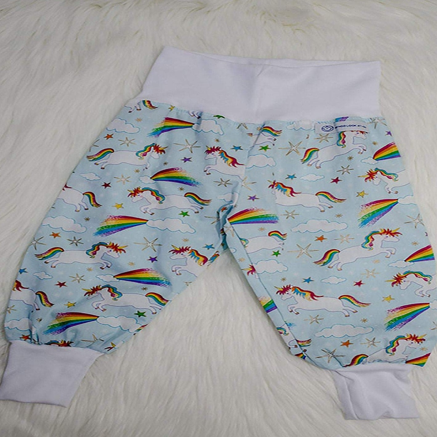 Pants - Harem - Ribbed Waist - Blue Rainbows & Unicorns with White Bands