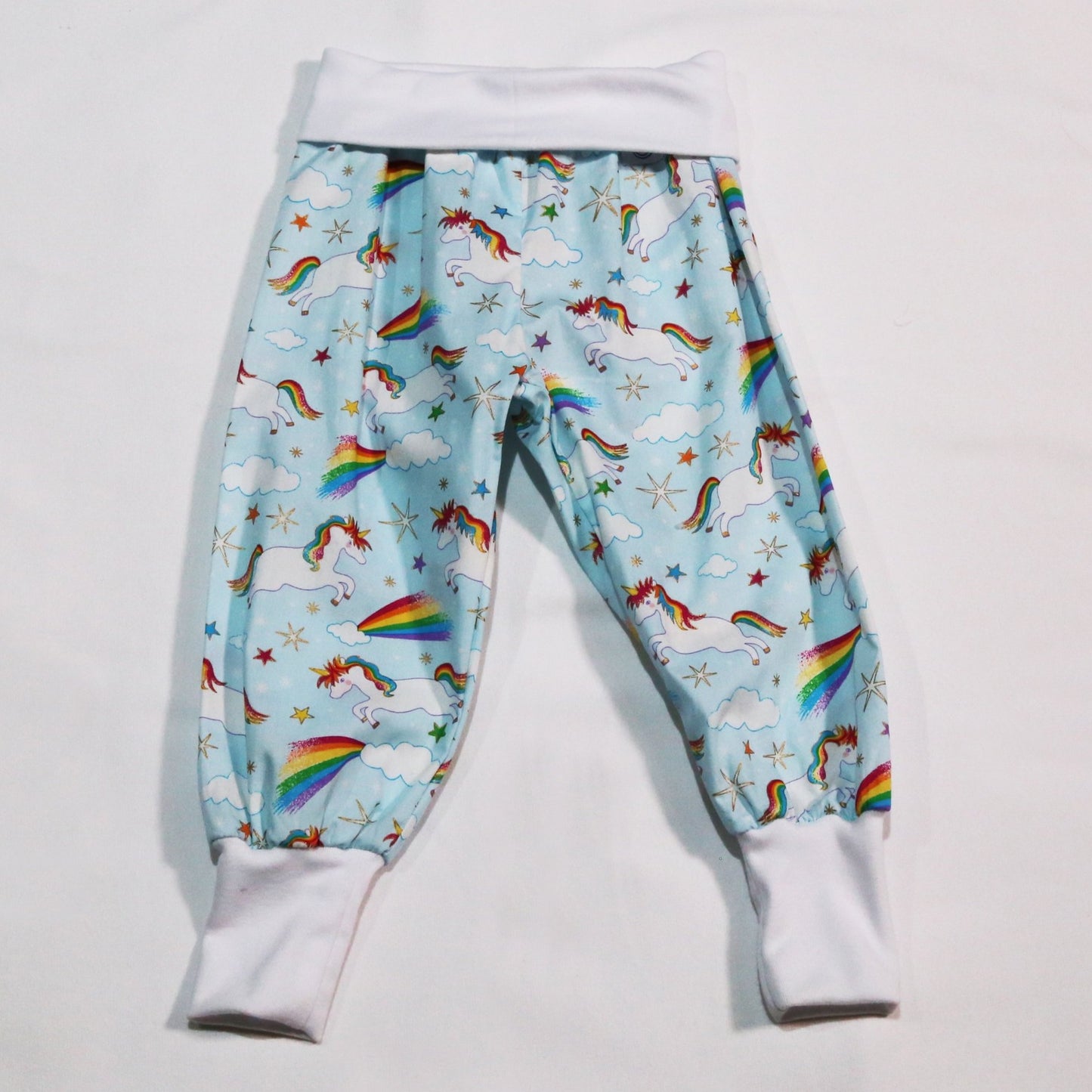 Pants - Harem - Ribbed Waist - Blue Rainbows & Unicorns with White Bands