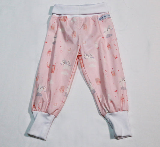 Pants - Harem - Ribbed Waist - Pastel Pink & White Unicorns with White Bands