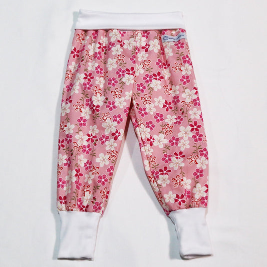 Pants - Harem - Ribbed Waist - Pink & White Frangipanis with White Bands