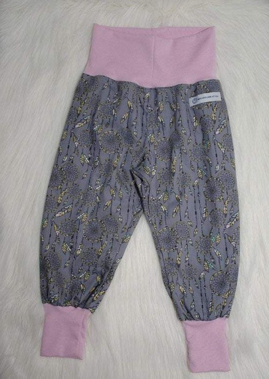 Pants - Harem - Ribbed Waist - Dark Grey Dreamcatchers with Pink Bands