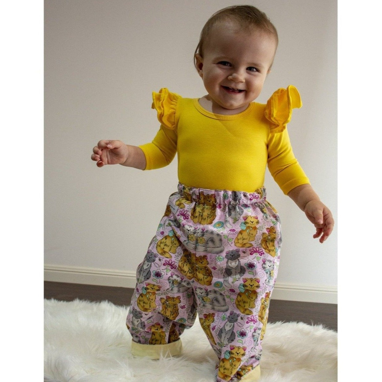 Pants - Buzoku Cotton - Lined - Pink Background, Orange and Grey Cats at Play with Lemon Yellow Trim