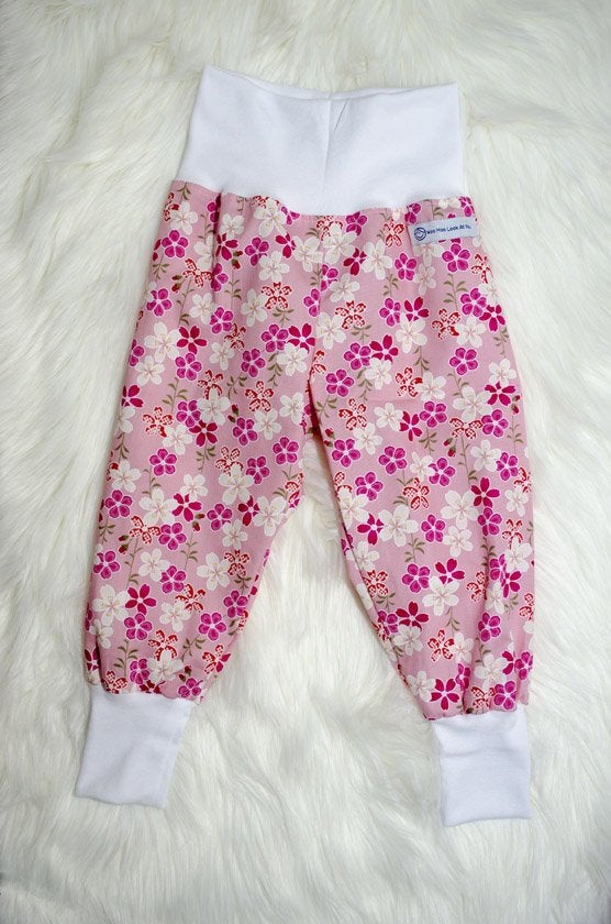 Pants - Harem - Ribbed Waist - Pink & White Frangipanis with White Bands