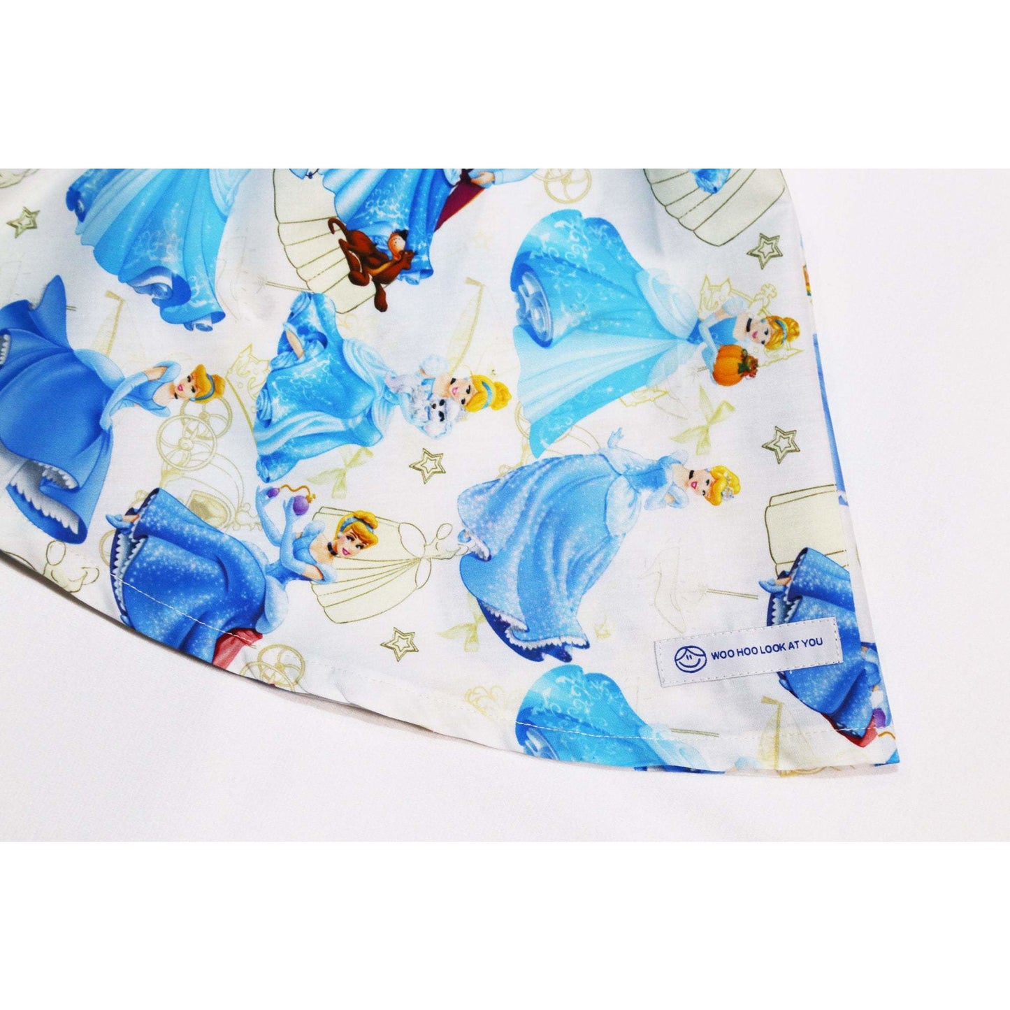 Dress - Capped Sleeves, Blue Princesses on White Fabric, Lace on Waistline