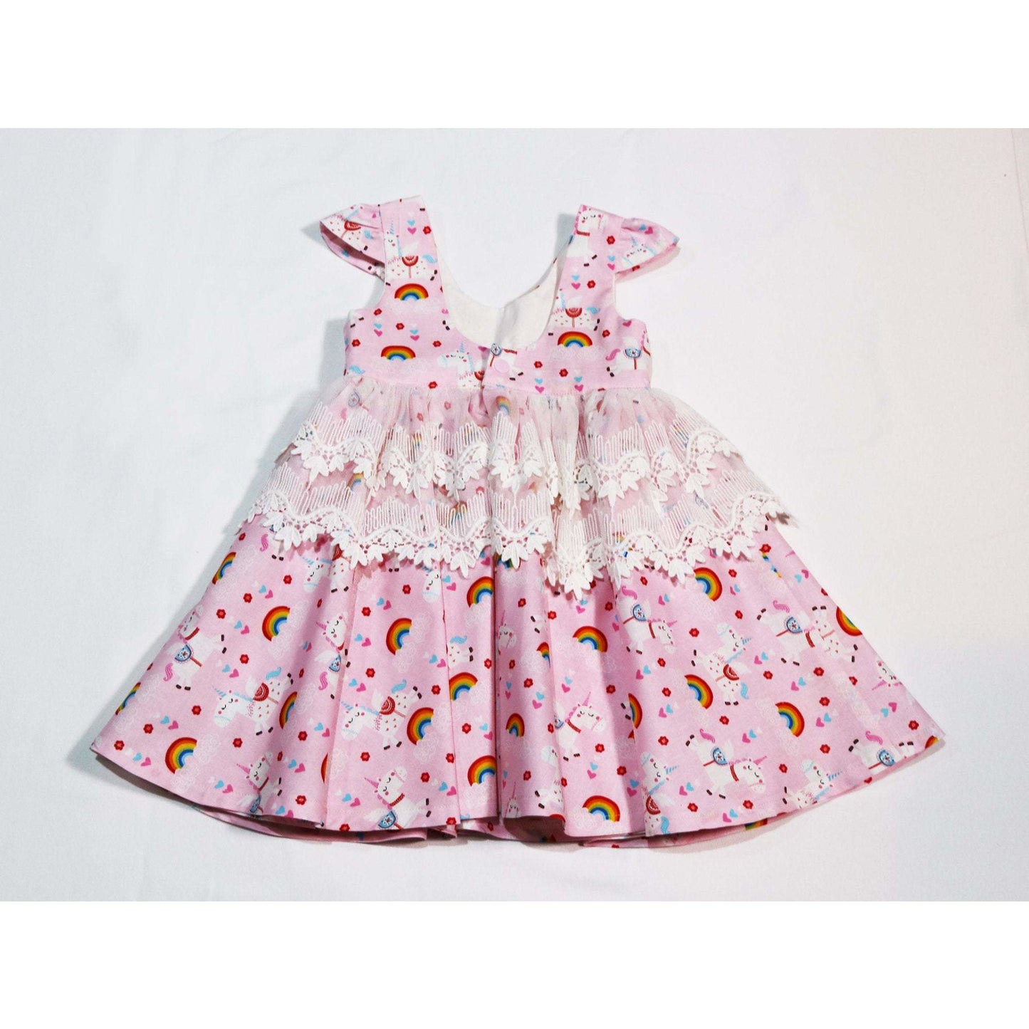 Dress - Capped Sleeves, Unicorns and Rainbows on Pink Fabric, Lace on Waistline