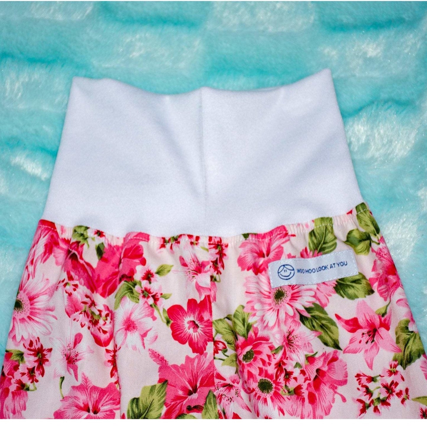 Pants - Harem - Ribbed Waist - Pink Flowers with White Bands