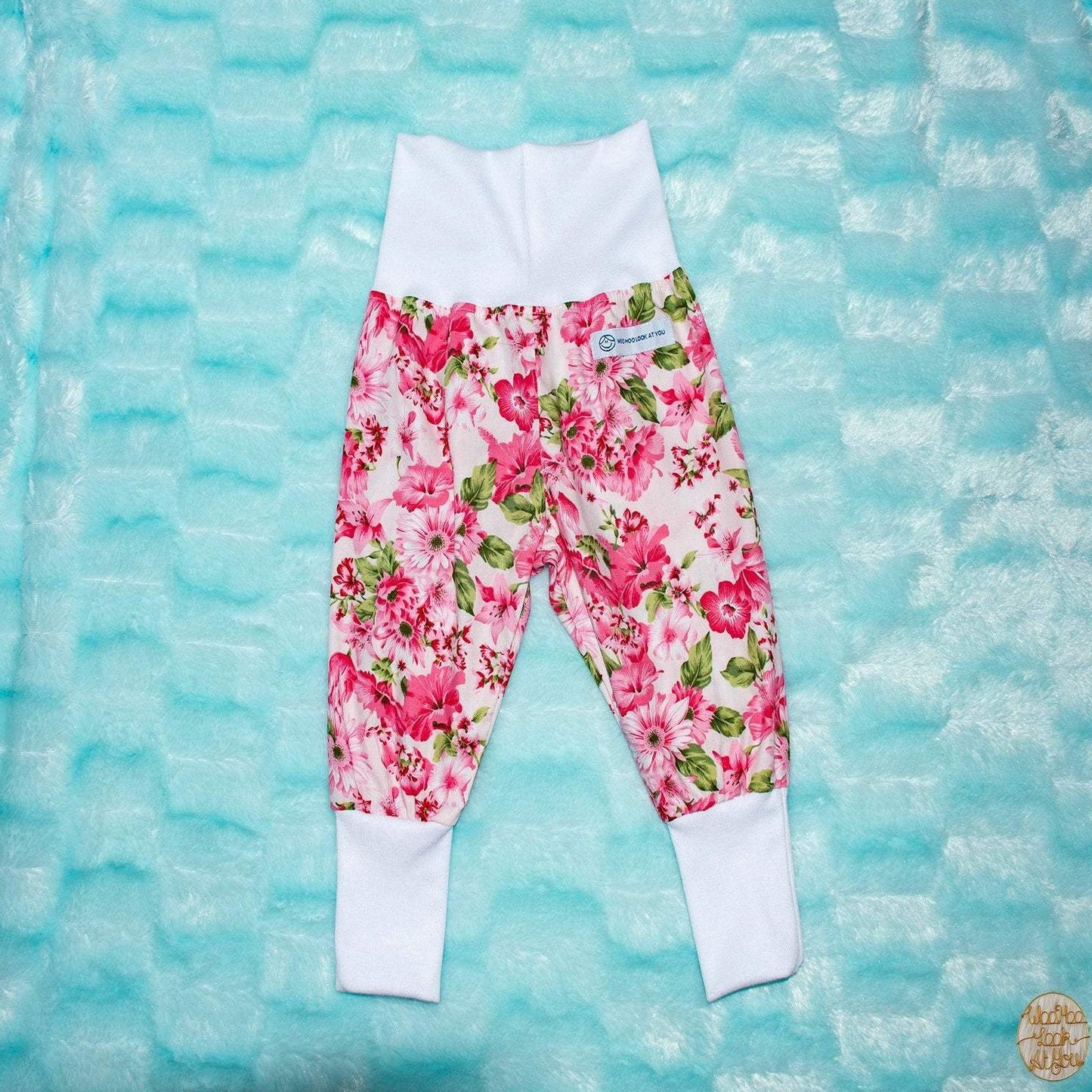 Pants - Harem - Ribbed Waist - Pink Flowers with White Bands