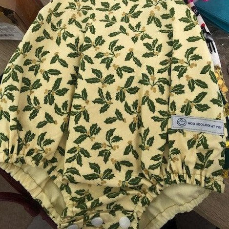 Romper - Christmas - Green Holly on Lemon Background, Bottle Green & Gold Sequin Trims