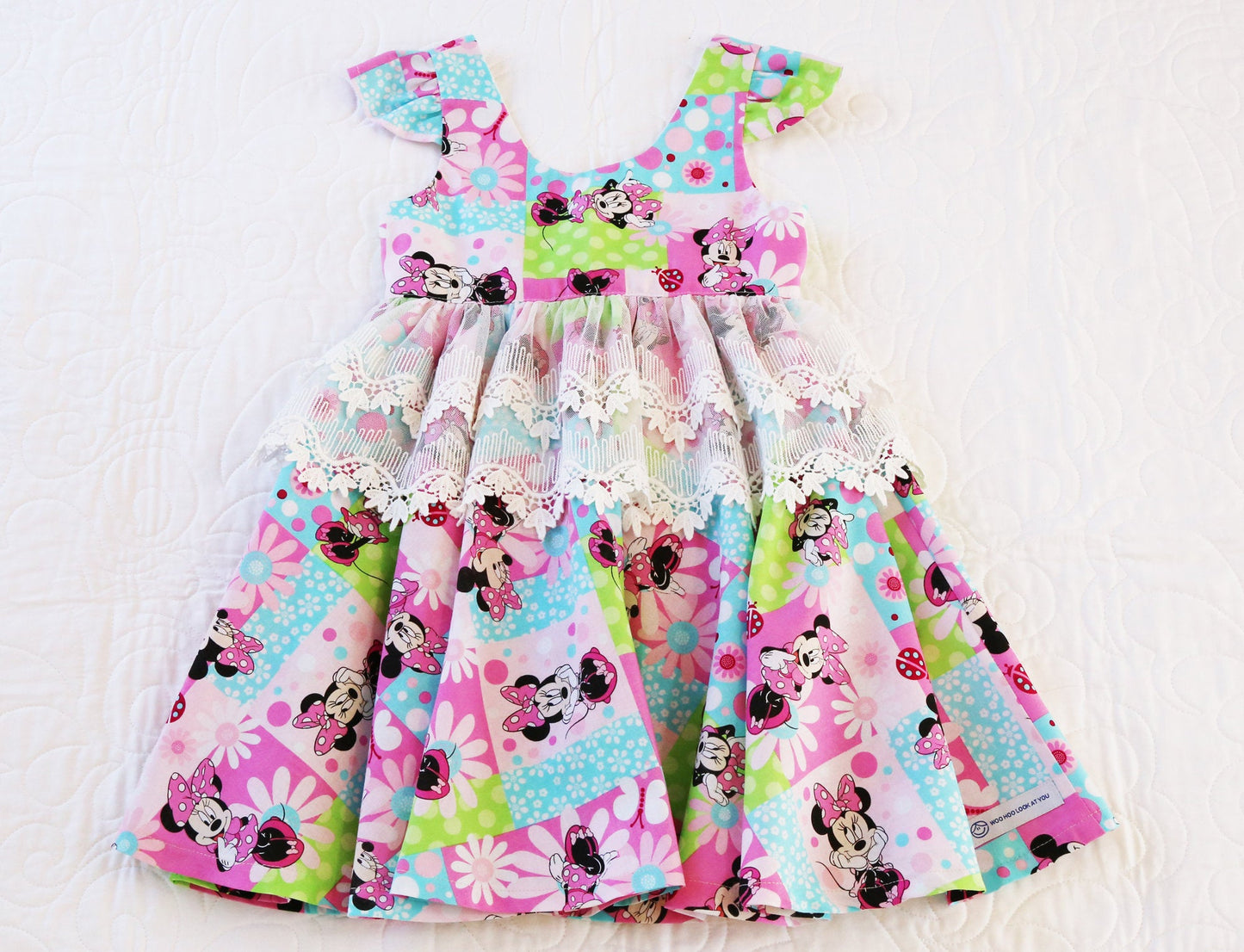 Dress - Capped Sleeves,  Mouse and Daisies Fabric, Lace on Waistline
