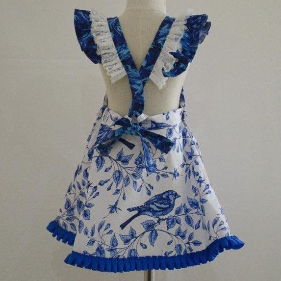 Dress - Pinafore - Blue Birds on Blue Branches on White with Blue Trim