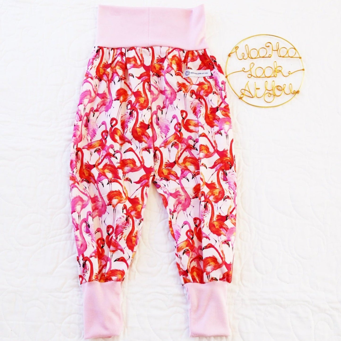 Pants - Harem - Ribbed Waist - Red & Pink Flamingo with Pink Bands