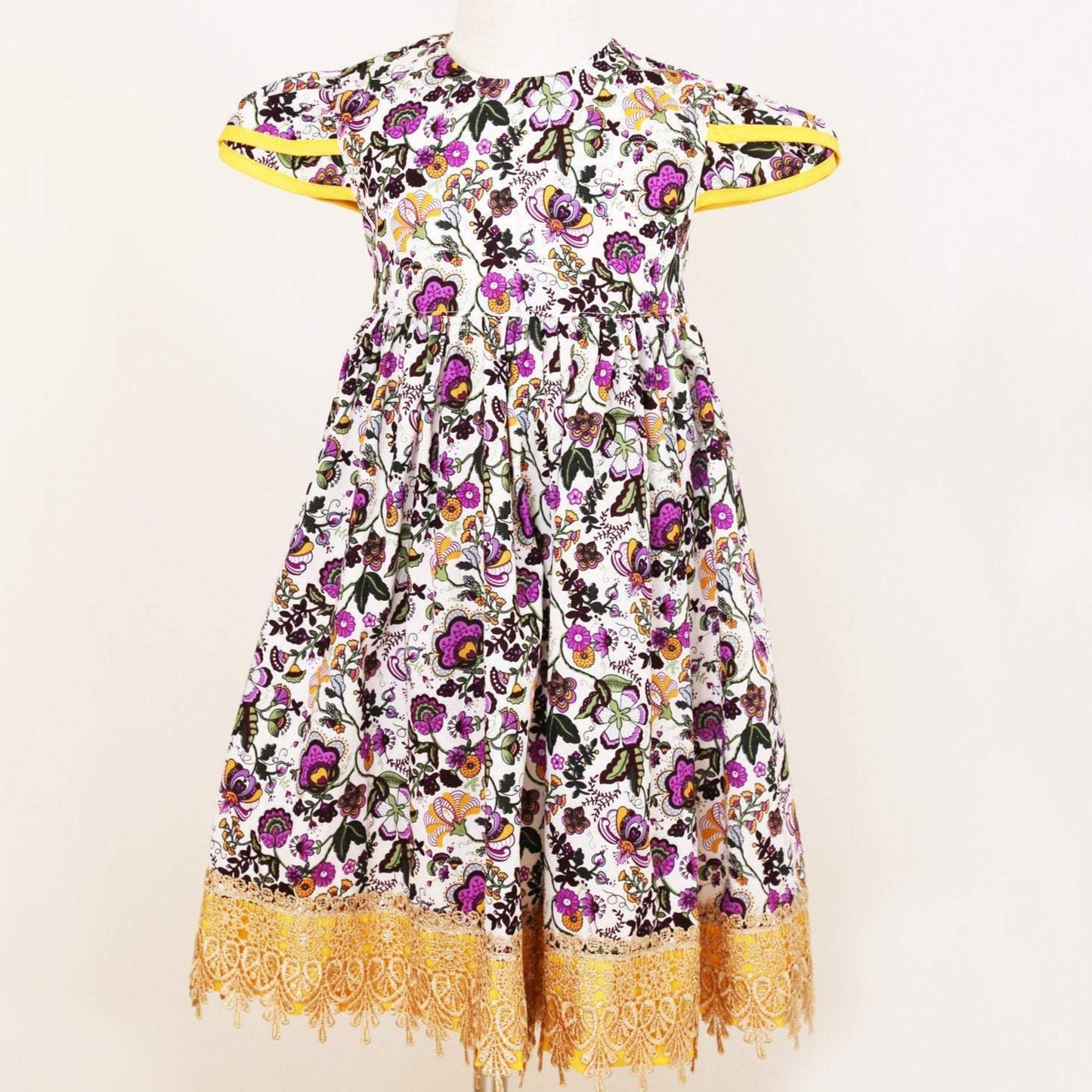 Dress - Exquisite Collection - Purple flowers, Yellow Bias Binding on Sleeve and Gold Lace Hemline