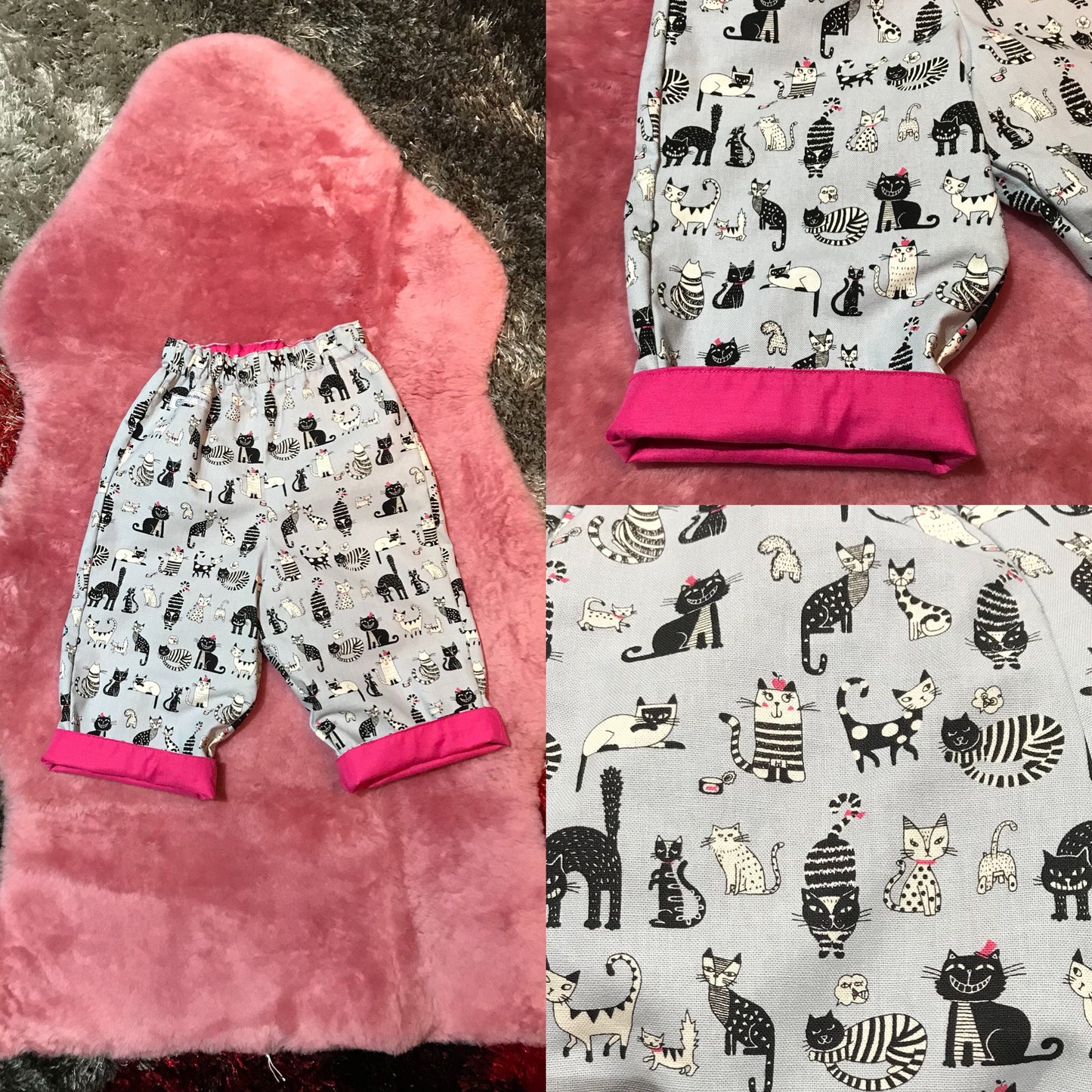 Pants - Buzoku Cotton - Lined - Black and White Cats on Grey with Hot Pink Trim