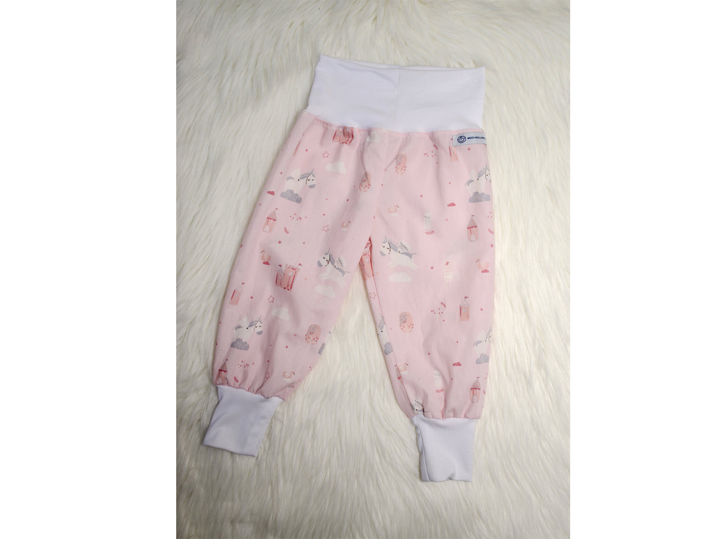 Pants - Harem - Ribbed Waist - Pastel Pink & White Unicorns with White Bands