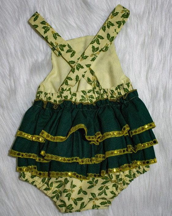 Romper - Christmas - Green Holly on Lemon Background, Bottle Green & Gold Sequin Trims