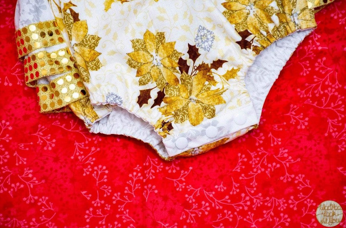 Romper - Christmas - Gold Poinsettias on Cream with Gold Sequins Ruffles on Bottom