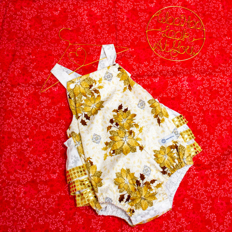 Romper - Christmas - Gold Poinsettias on Cream with Gold Sequins Ruffles on Bottom