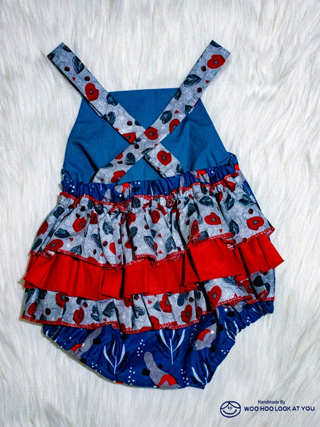 Romper - Christmas - Australiana Christmas Platypus with Grey and Red Ruffled Trim on Bottom