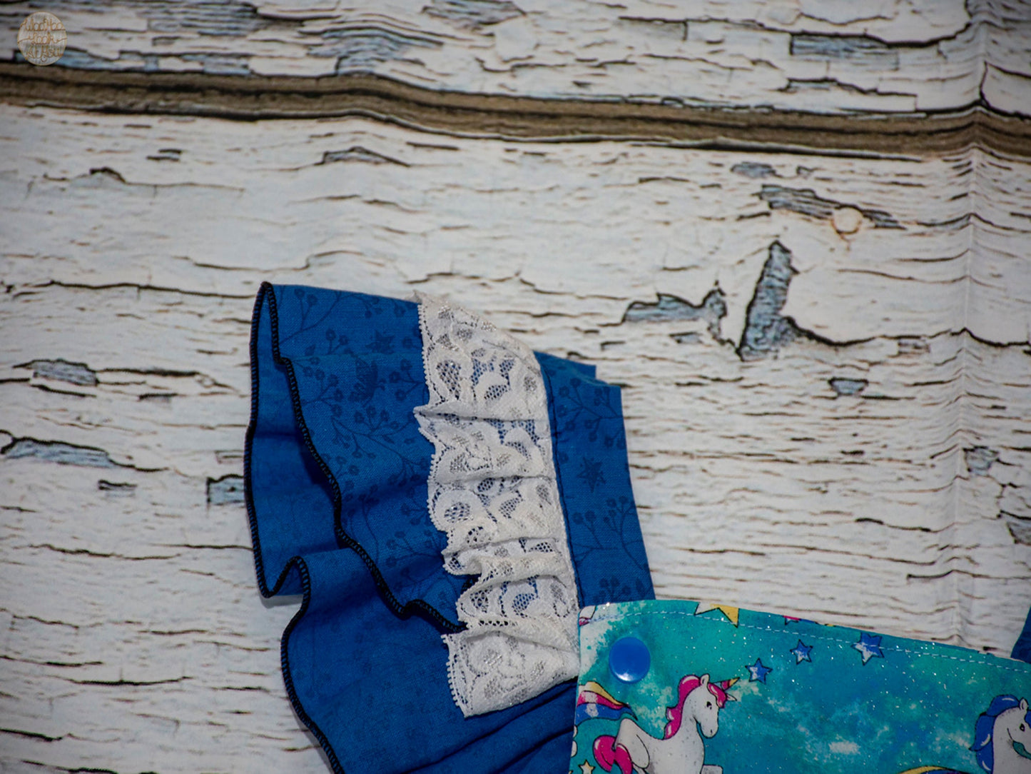 Dress - Pinafore - White Dancing Unicorns on Electric Blue with White Satin Trim
