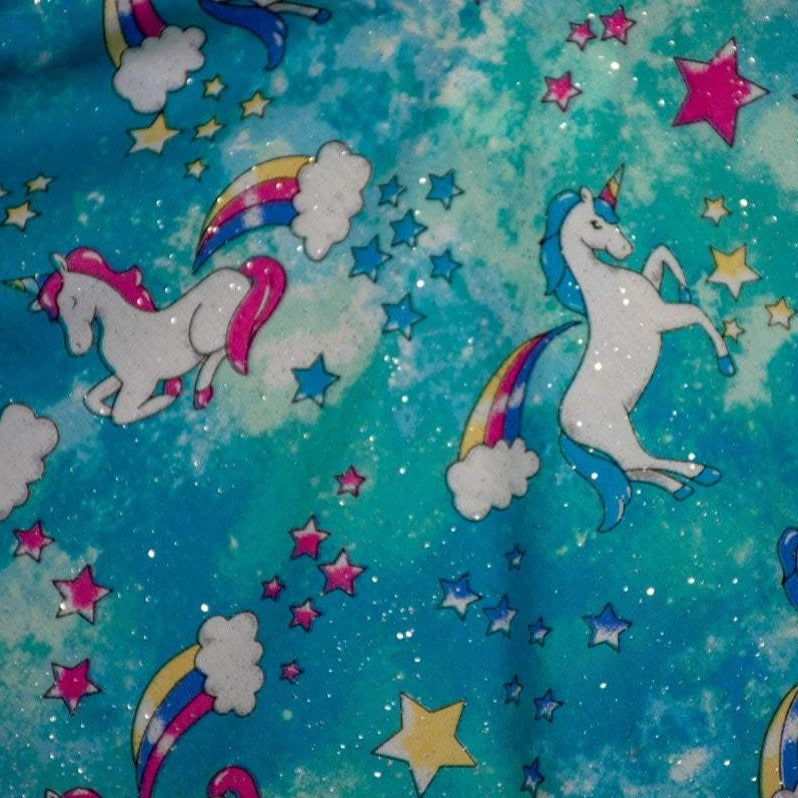 Dress - Pinafore - White Dancing Unicorns on Electric Blue with White Satin Trim