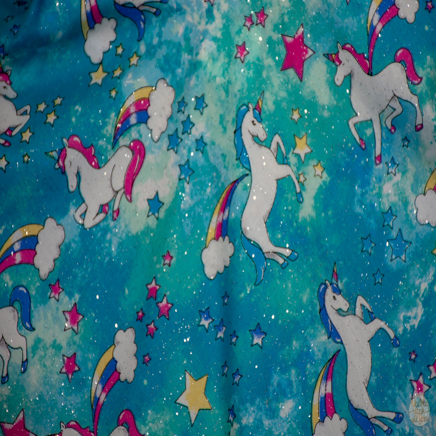 Dress - Pinafore - White Dancing Unicorns on Electric Blue with White Satin Trim