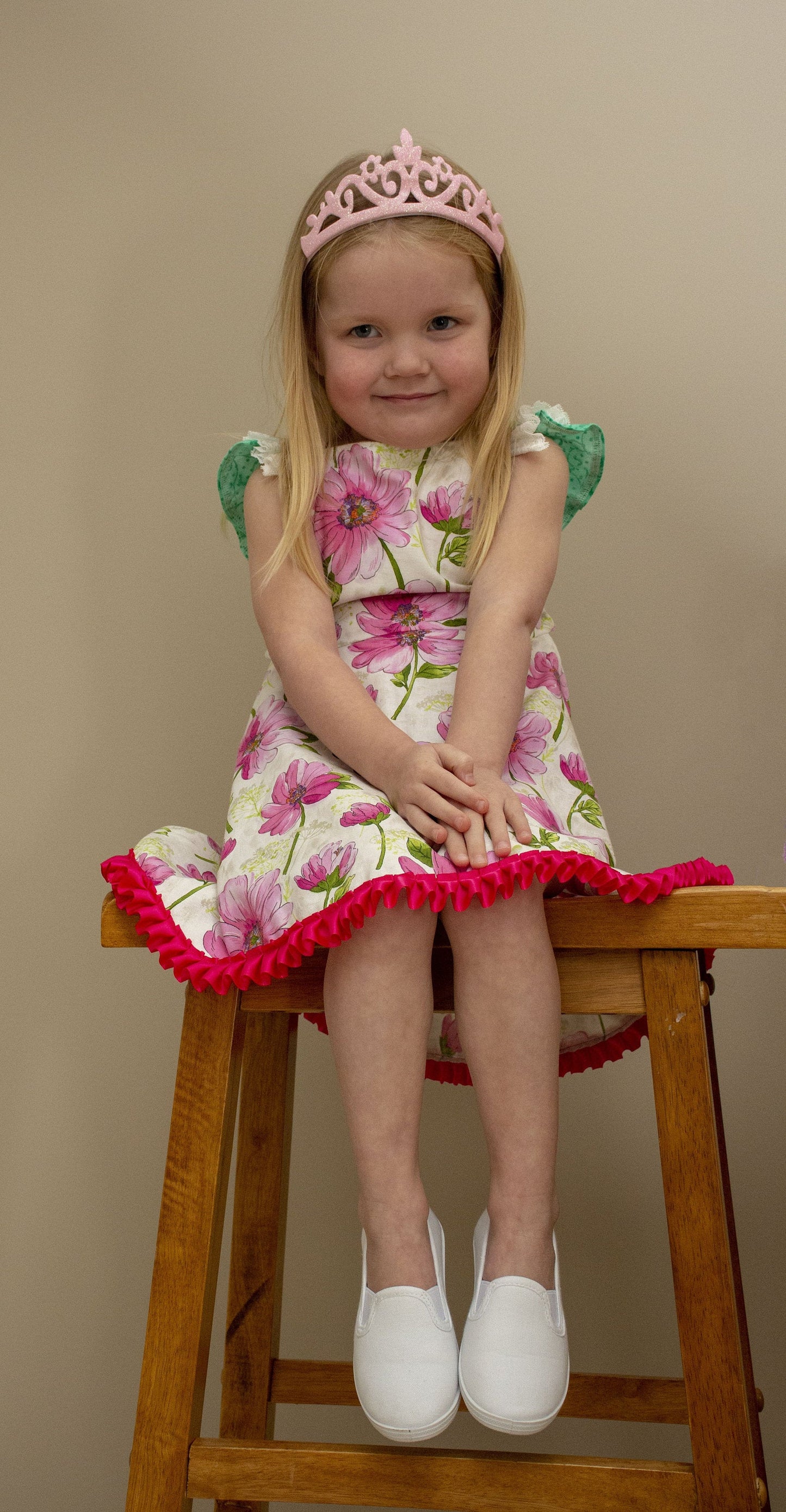 Dress - Pinafore - Pink Water Colour Flowers on White with Pink Satin Trim