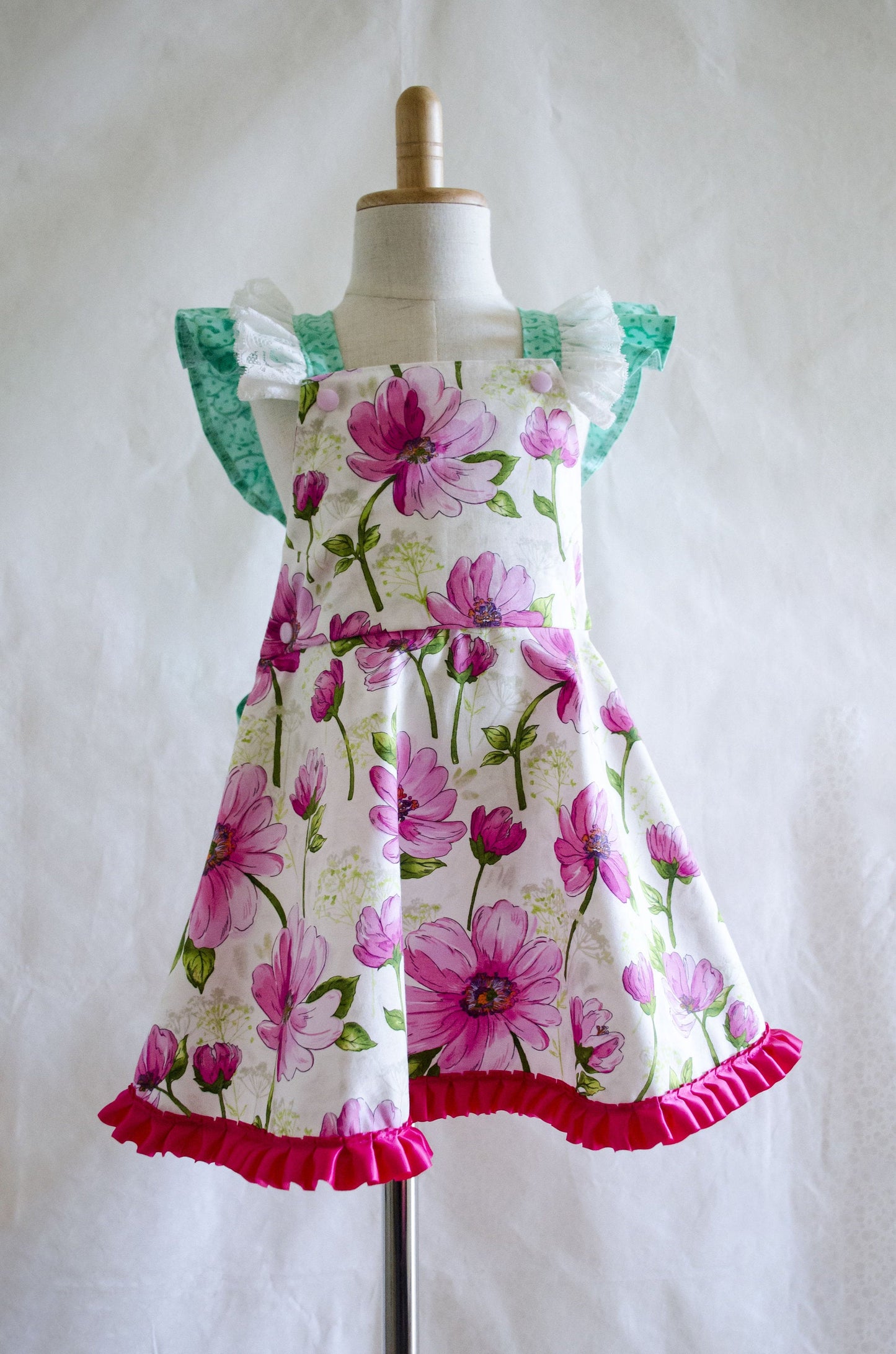 Dress - Pinafore - Pink Water Colour Flowers on White with Pink Satin Trim