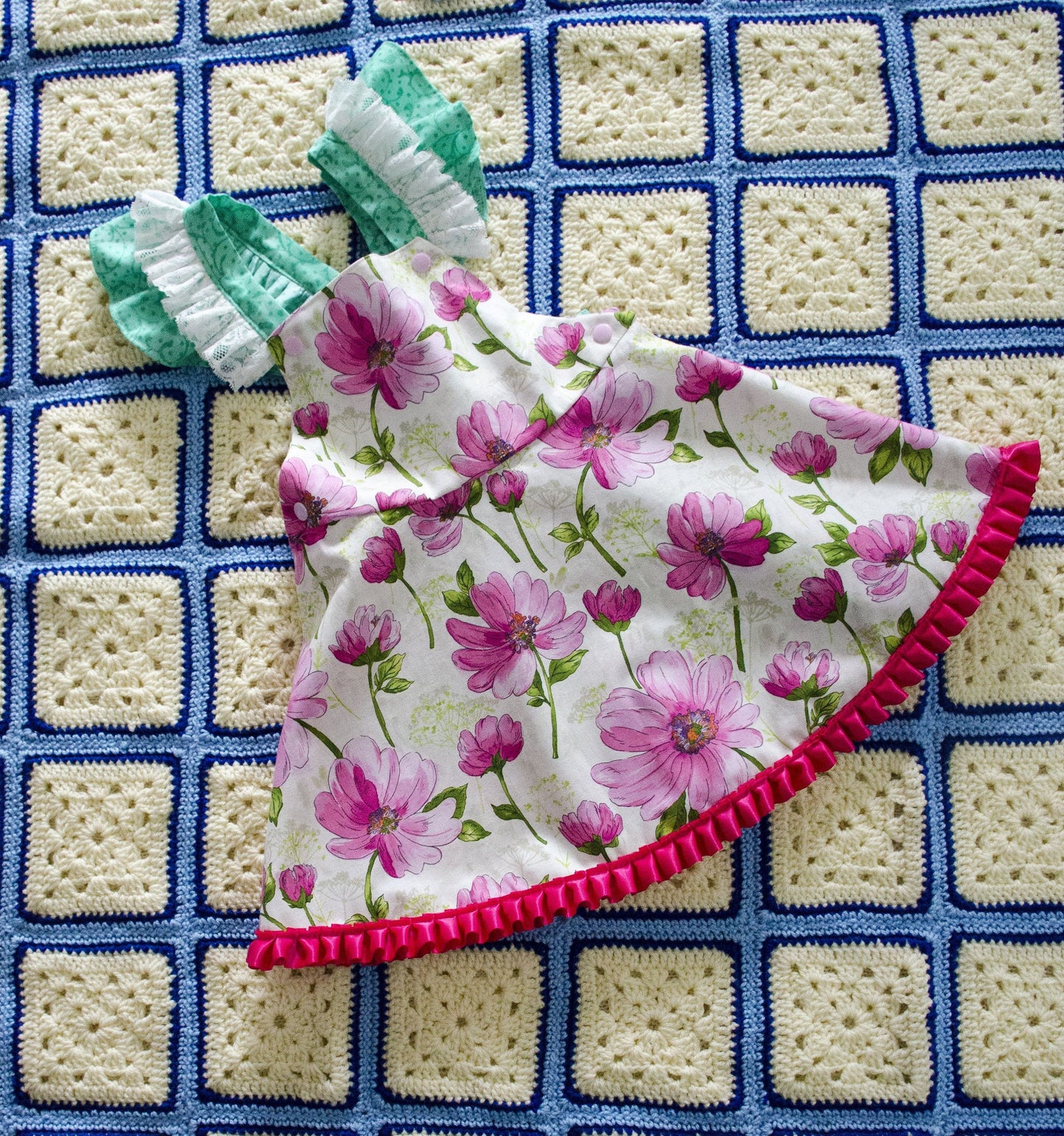 Dress - Pinafore - Pink Water Colour Flowers on White with Pink Satin Trim