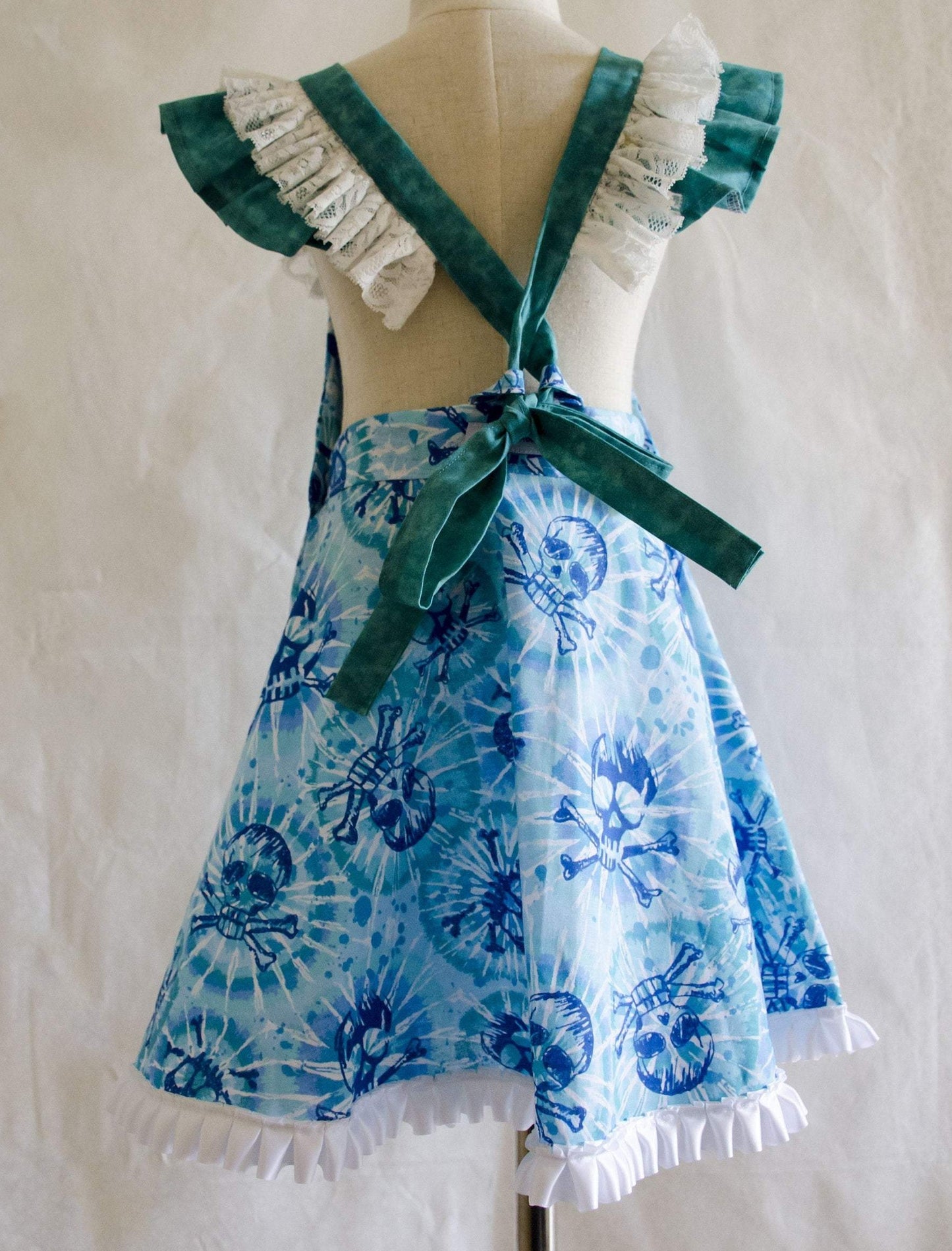 Dress - Halloween - Blue Skulls on a Tie Dye Cotton with Lace Trims
