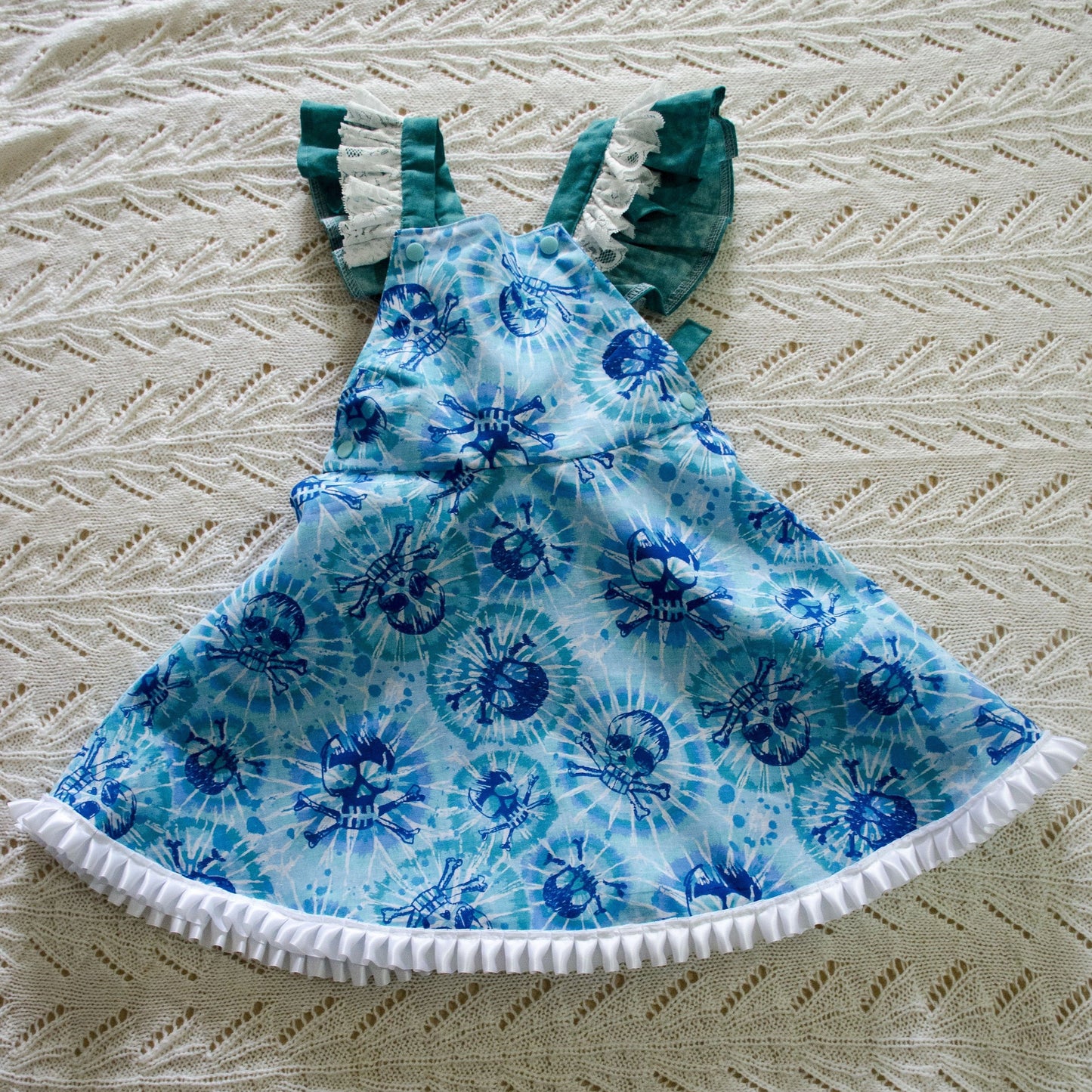 Dress - Halloween - Blue Skulls on a Tie Dye Cotton with Lace Trims