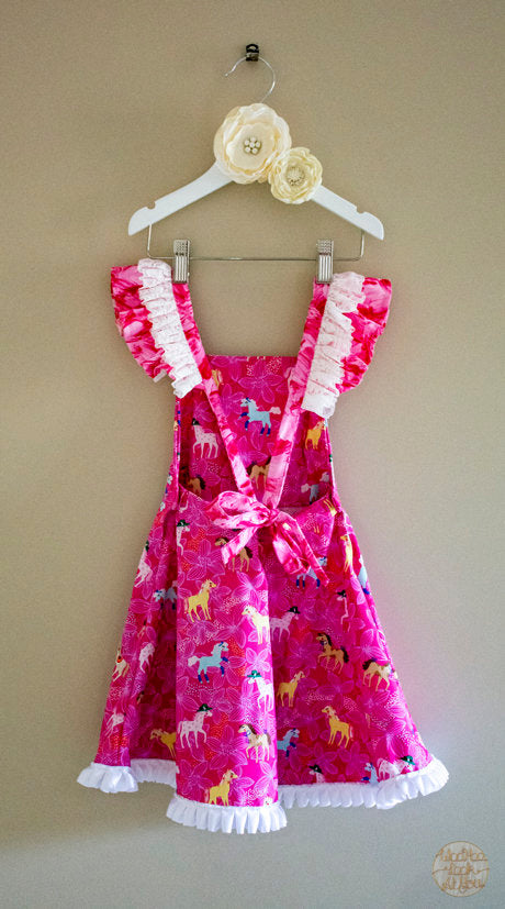 Dress - Pinafore - Prancing Horses on Pink with White Satin Trim