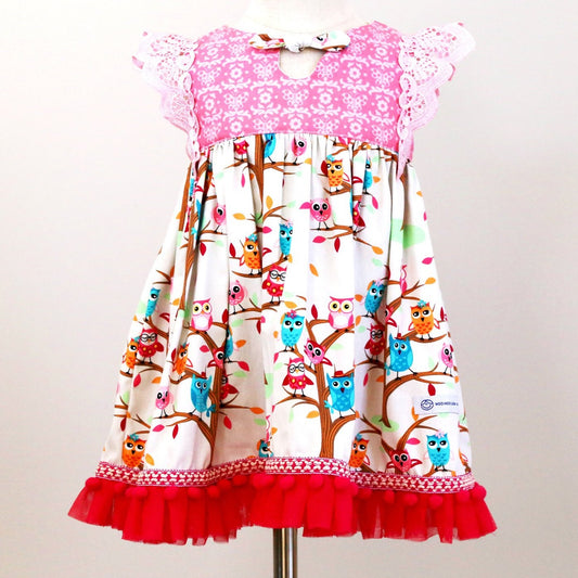 Dress - Maddie - Floral Pink Bodice, Colourful Owls on Cream, Lace & Pom Poms