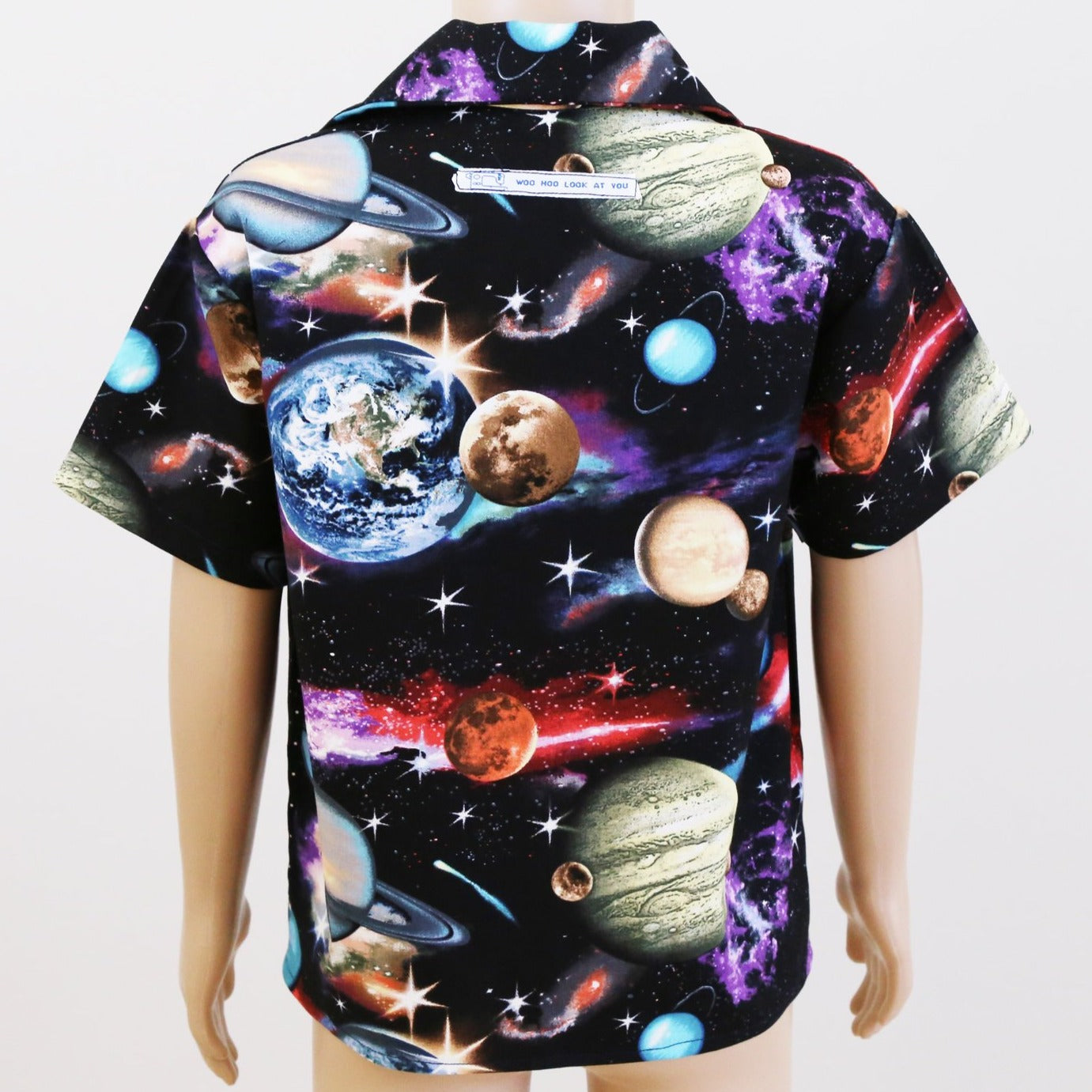 Shirt - Space Theme on Black with White Spot Contrasting Panel