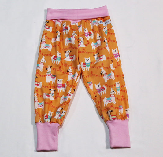 Pants - Harem - Ribbed Waist - Orange Llamas with Pink Bands