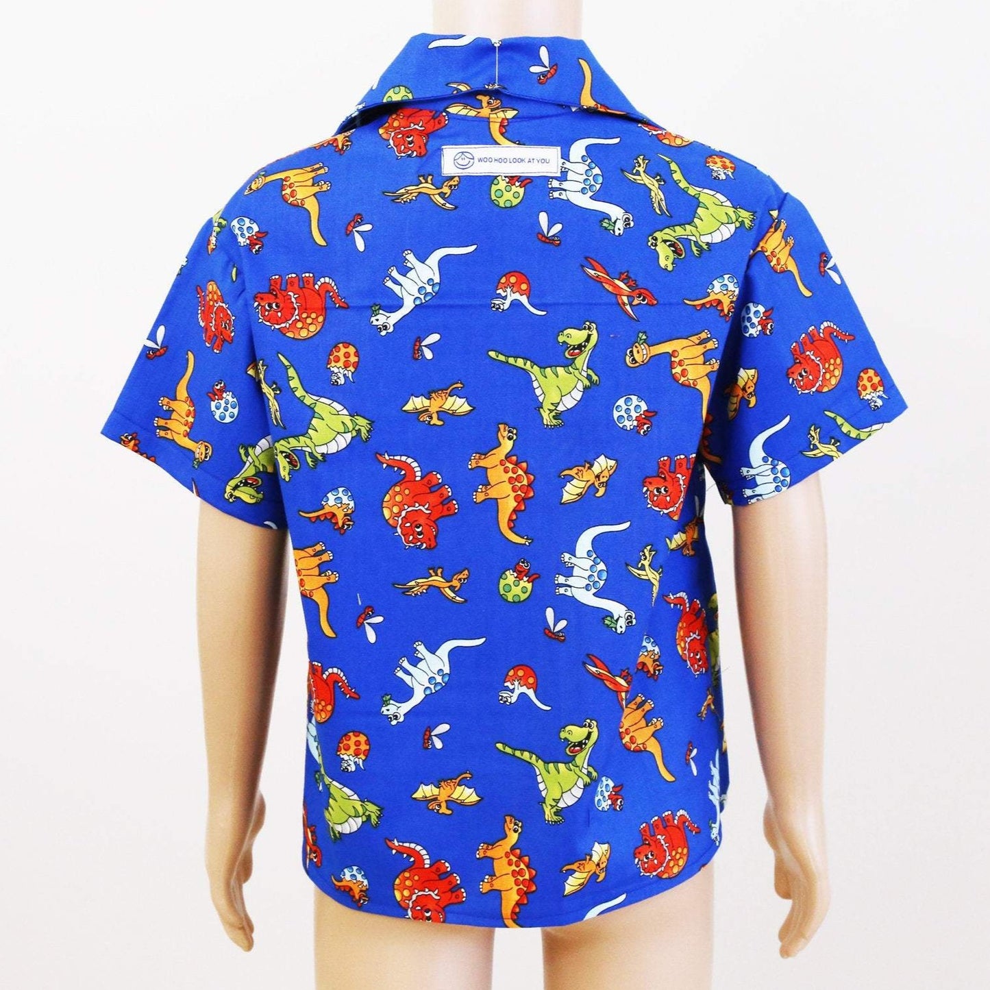 Shirt - Cartoon Dinosaurs on Blue Background with Mustard Contrasting Front Panel